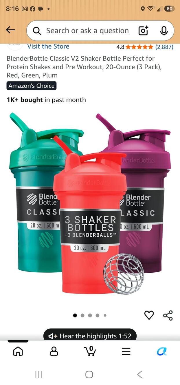 BlenderBottle Classic V2 Shaker Bottle, 20-Ounce (3 Pack), Red, Green, Plum